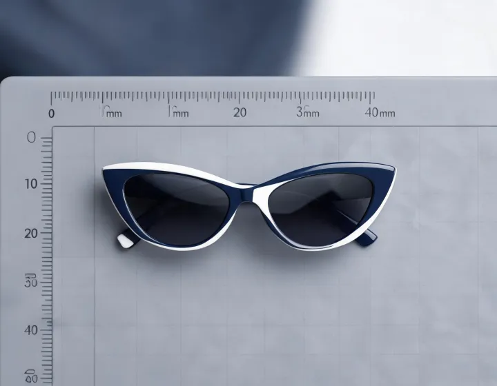 Cat eye sunglasses for women laid out for size measurement on a buyer desk